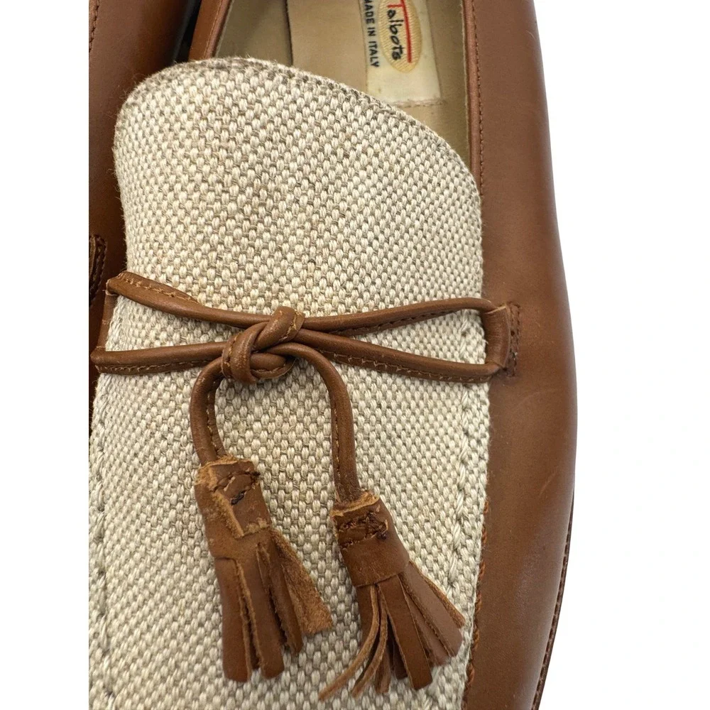 Talbots Womens 7.5W Brown Leather Canvas Tassel Loafers Made in Italy Vero Cuoio